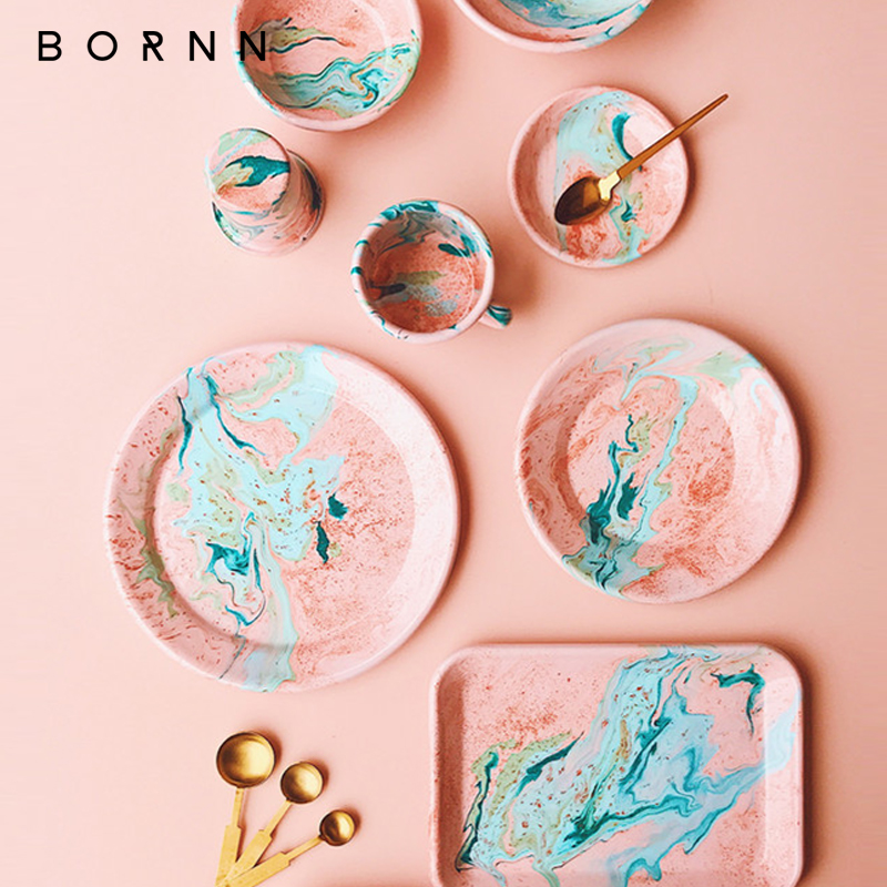 土耳其BORNN大理石纹路搪瓷餐具手工珐琅彩餐盘碗马克杯水杯胭脂