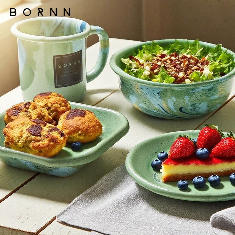 土耳其BORNN大理石纹路搪瓷餐具手工珐琅彩餐盘碗马克水杯薄荷绿