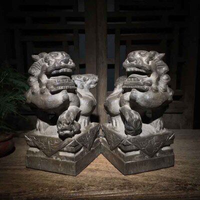 仿古石雕旧石雕山西青石暗八仙雌雄双狮中式复古中堂文玩收藏