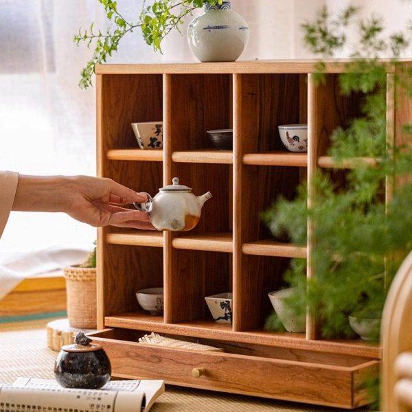 樱桃木茶具实收纳木杯架日式茶架格子多格阁展示柜桌面收纳置物,收纳整理,暖气片置物架,淘宝优惠券,粉丝福利购,淘宝优惠卷