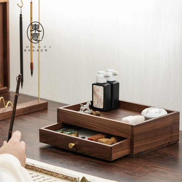 黑胡桃木实木抽屉收纳盒双层书法置物架文房四宝毛笔桌面收纳架,文具电教/文化用品/商务用品,文房四宝,淘宝优惠券,粉丝福利购,淘宝优惠卷