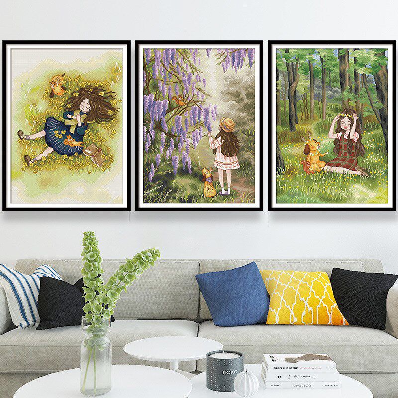 GJU8ks十字绣2021新款客厅卧室小件三联画满绣自己绣手工森林女孩
