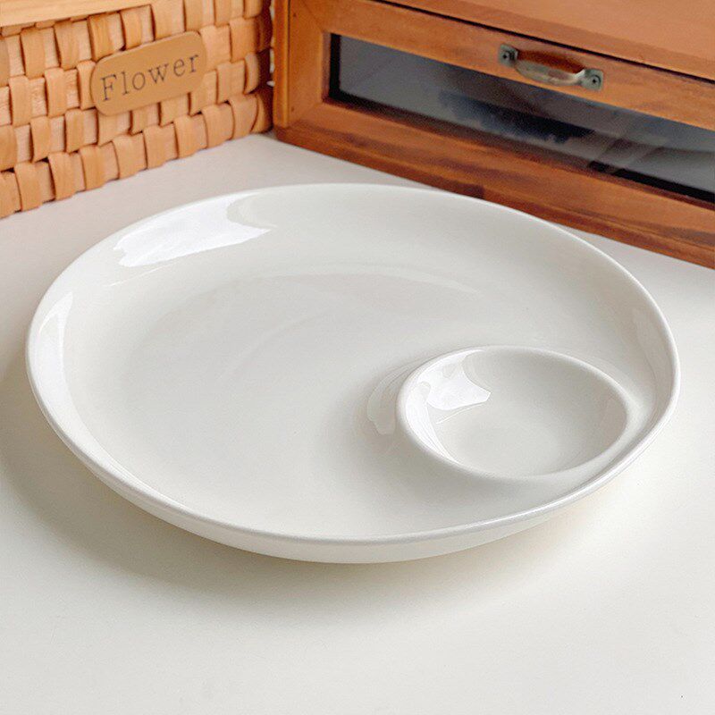 饺子盘陶瓷带醋碟圆盘三文鱼馒头盘家用薯条纯白摆件餐具菜盘厨房