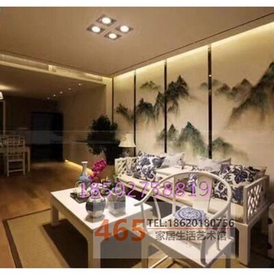 定制新款夹丝玻璃隔断玄关屏风双层夹绢画写意背景墙山高水长抽象