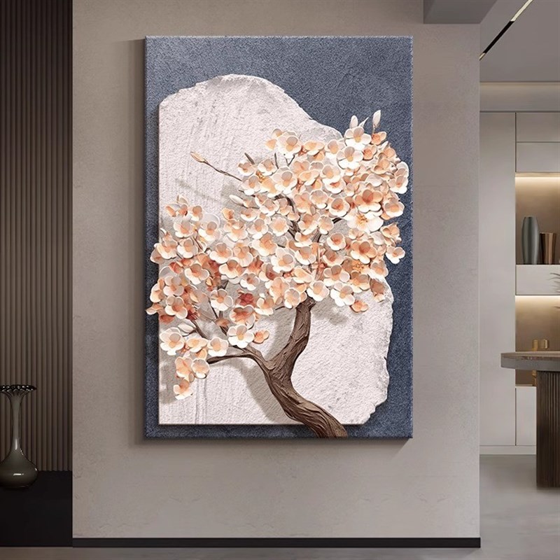 发财树玄关装饰画 画侘寂风走廊过道肌理壁画 画竖版客厅沙发背景图片