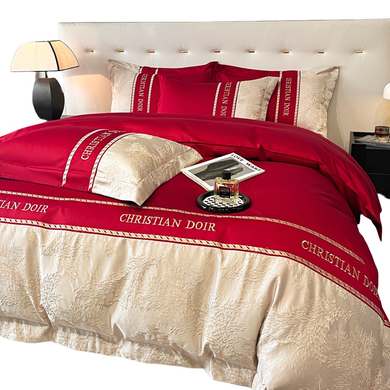 高档纯棉婚庆四件套大红色新婚床单被套结婚床上用品婚房陪嫁喜被