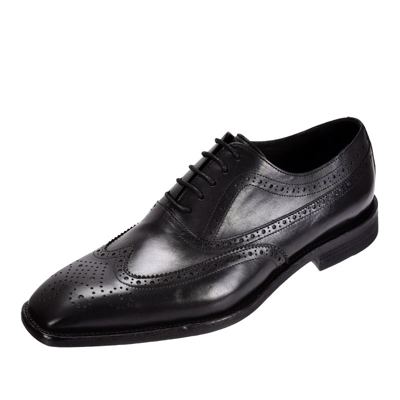 新款水洗马皮商务正装男鞋英伦雕花小方头德比鞋系带低跟男士皮鞋