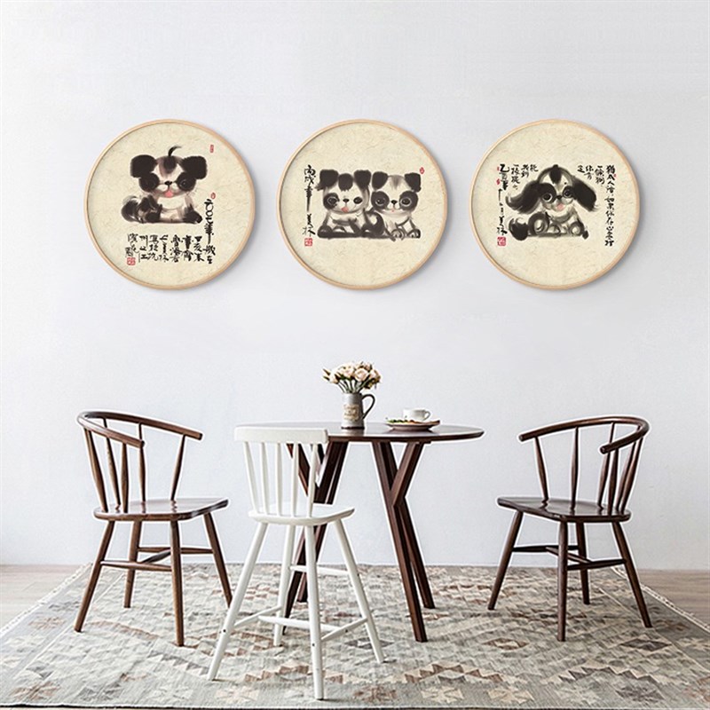 现代新中式卡通可爱水墨动物装饰画客厅餐厅玄关墙壁画圆形框挂画图片
