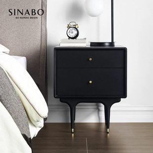 北欧复古橡木实木蒙特利尔床头柜现代黑色储物柜卧室两抽床边柜