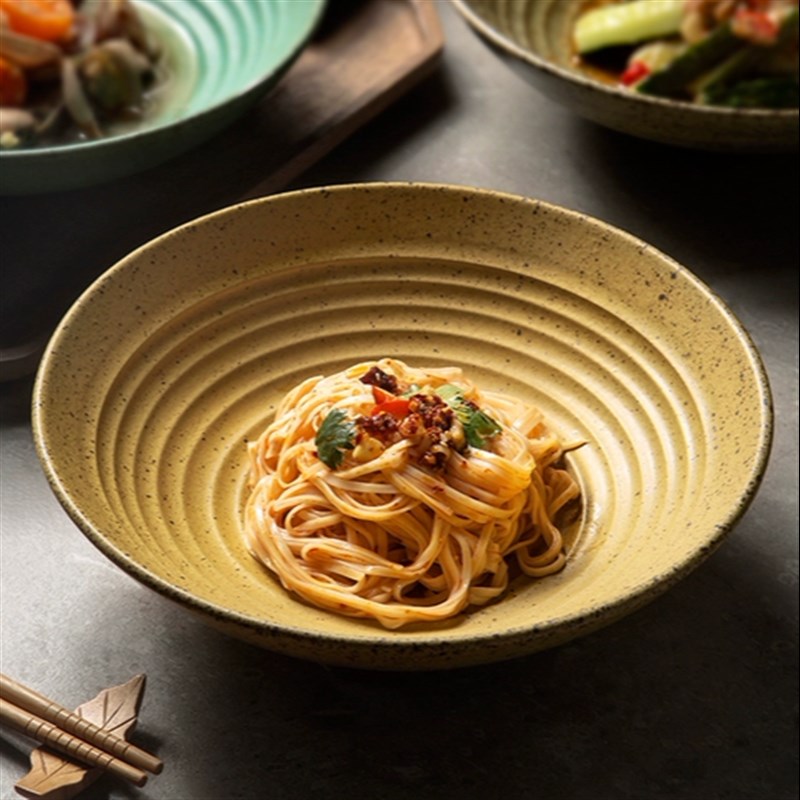 粗陶螺纹盘碗创意复古个性v意大利面碗家用深盘简约菜盘高脚果盘