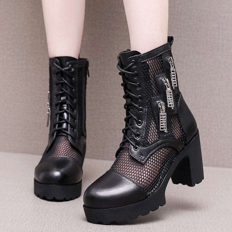 春夏网靴女高跟鞋网纱模特走秀短靴防水台蕾丝镂空凉靴子粗跟凉鞋,女鞋,罗马凉鞋,淘宝优惠券,粉丝福利购,淘宝优惠卷