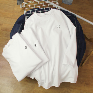 韩国纯棉加绒加厚t恤女长袖中长款内搭宽松大版刺绣打.底衫白色潮