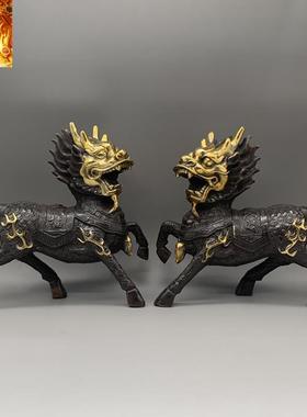 紫铜鎏金麒麟一对铜麒麟家居摆件古玩收藏民族风