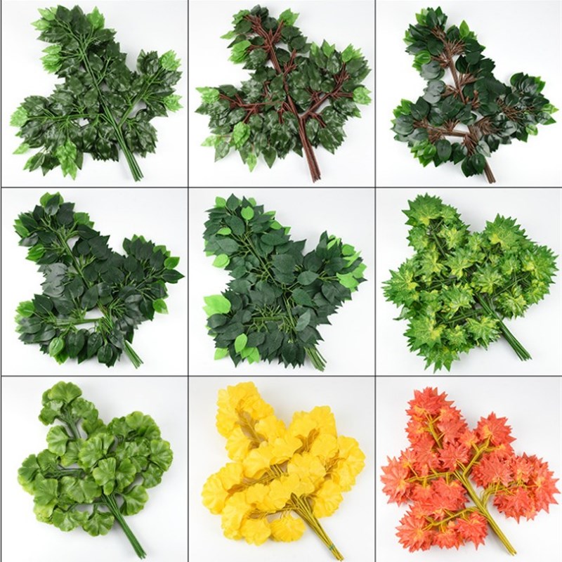 银杏叶彷真榕树叶树叶过胶塑料假树枝绿I色植物叶芒果银杏叶榕树