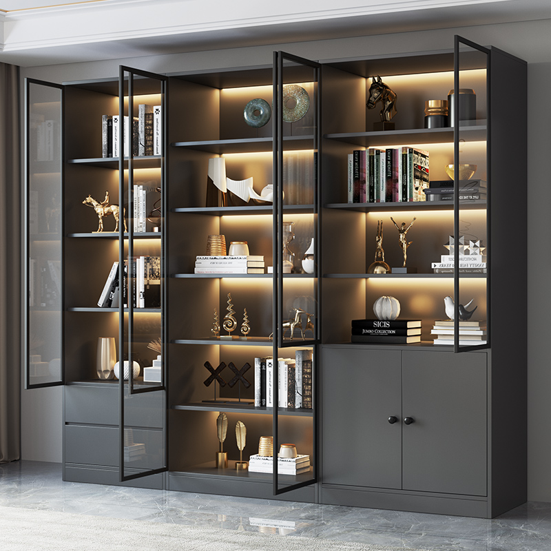 组合书柜轻奢玻璃门家用客厅展示A柜一体整墙定制实木书架储物柜