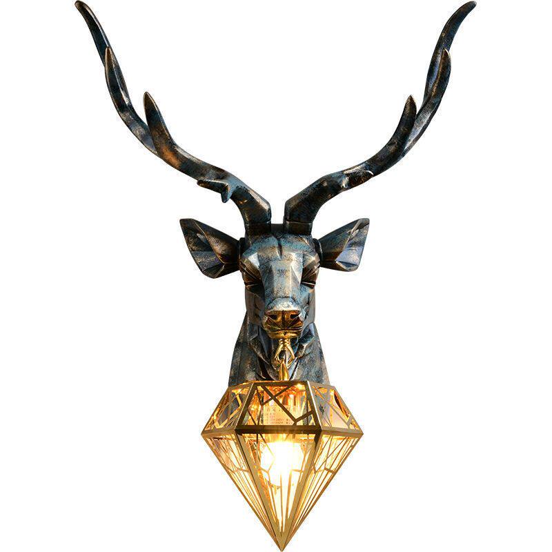 北欧创意鹿头壁灯个性复古客厅电视墙楼梯招财树脂装饰酒店工程灯
