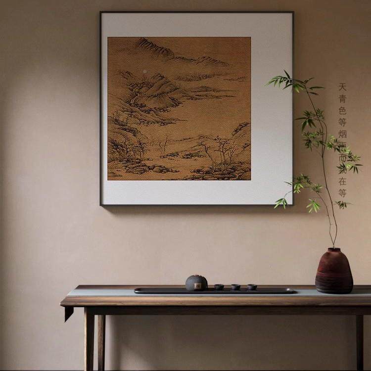 客新感中式高级中国风古EMU典装山水肌理禅意玄关厅饰画壁画方形