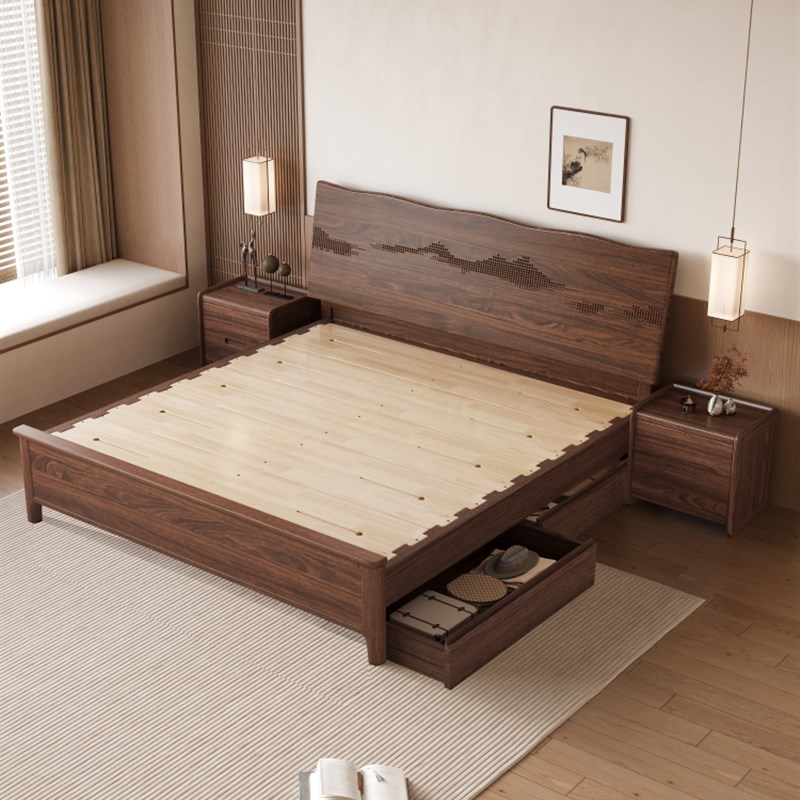 新款全实木床黑胡桃木现代简约1.8米主F卧新中式双人床1.5原木大