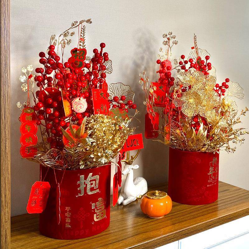 新年福桶抱抱桶乔福字过年福桶客节厅件插花摆春装饰摆设套迁装