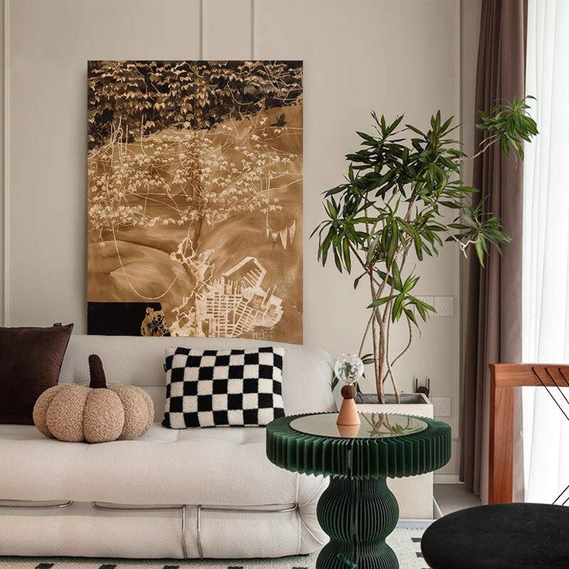 中古风餐厅手绘装HX101画法象式高级感艺挂画抽背景饰画客术厅玄