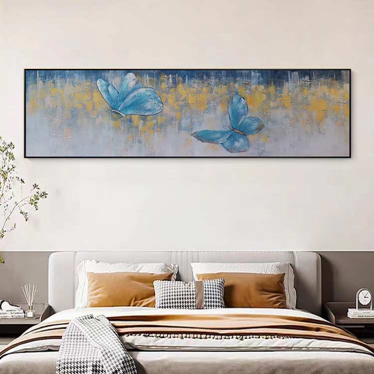 双宿双飞蝴蝶纯手绘油画现代卧室床头横幅长条装饰画肌理金箔挂画