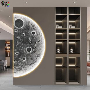 客厅背景墙装 饰挂画LED半月球卧室床头发光氛围灯画圆形玄关壁画