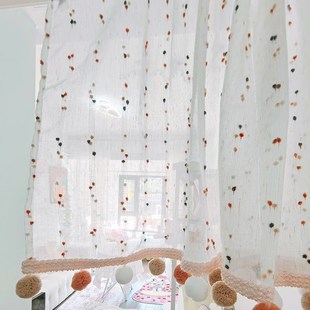 ins风短帘免打孔卫生间简易窗帘伸缩杆糖果色纱帘儿童公主房装 饰