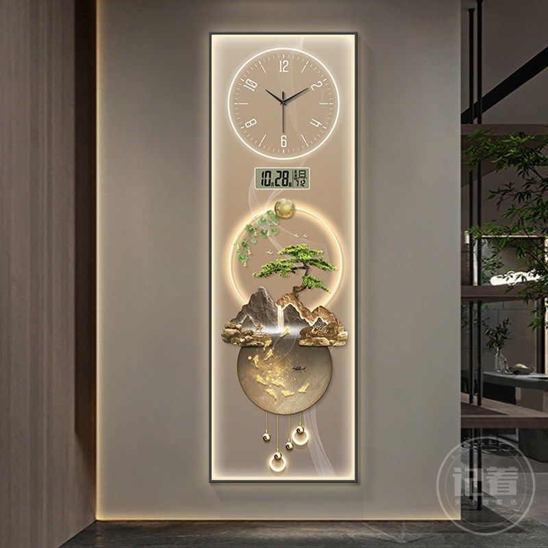 迎客松九鱼万年历电子钟表挂钟客厅带灯玄关装饰画过道挂墙时钟