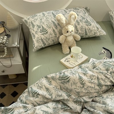 ins田园双层纱绿色小叶子纯棉四件套1.5m1.8米全棉柔软母婴三件套