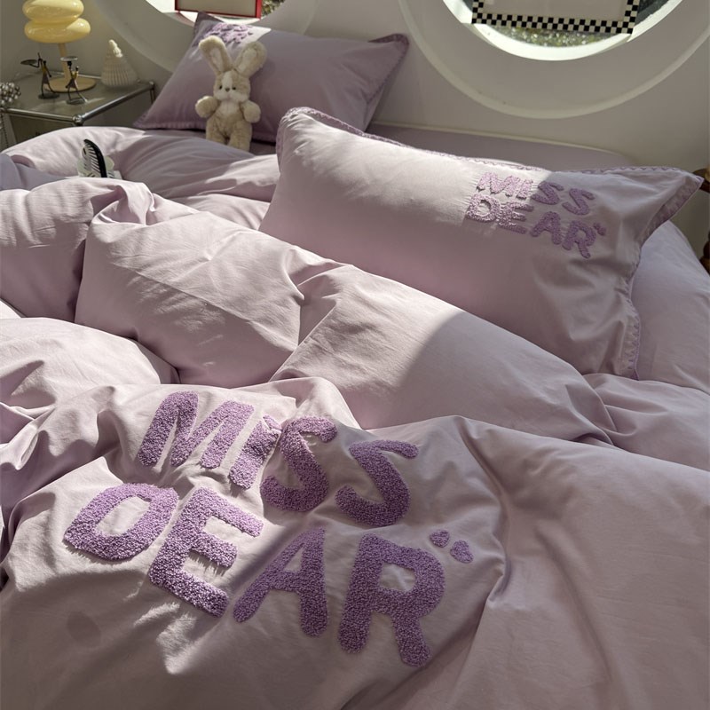 ins水洗棉紫色字母少女心毛巾绣温柔床上四件套全棉1.5m1.8米被套