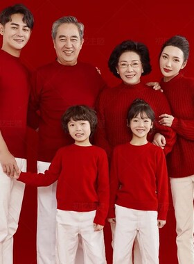 新款影楼拍照亲子主题服装红色新年毛衣J全家福一家六口套装秋冬