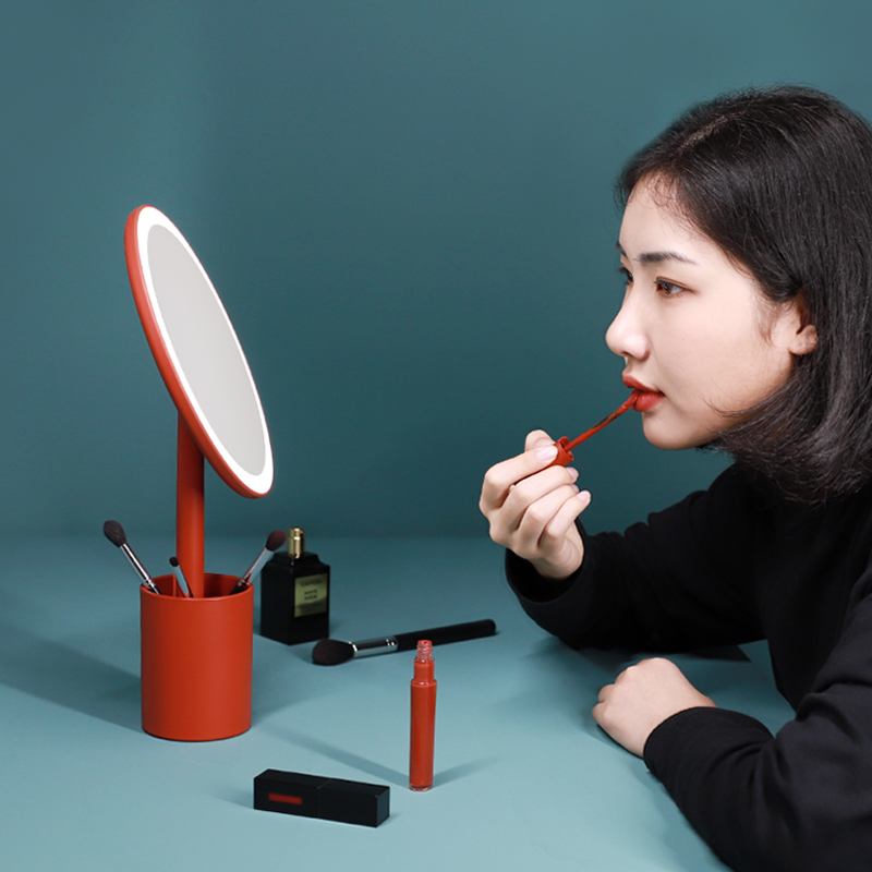 台式网红led镜子化妆镜ins风收纳少女心补光红色陪嫁镜带灯梳妆镜