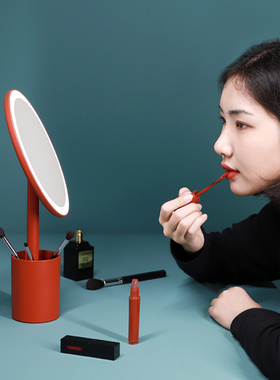 台式网红led镜子化妆镜ins风收纳少女心补光红色陪嫁镜带灯梳妆镜