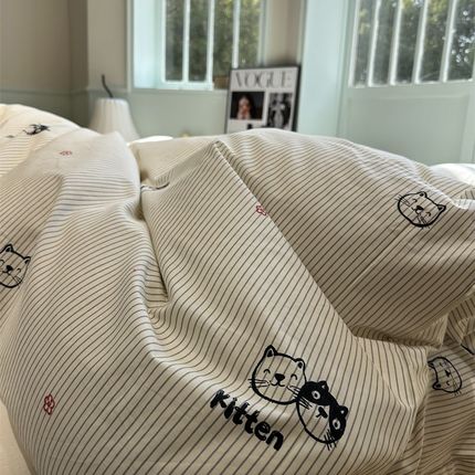卡通黑白条纹小猫被套全棉单件单双人纯棉被子被罩宿舍180x220cm