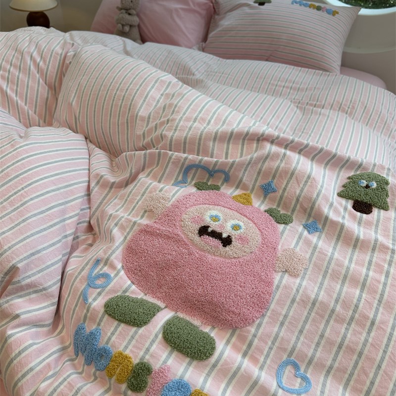 粉嫩少女心条纹水洗棉毛巾绣四件套1.5m1.8米公寓床单被套三件套