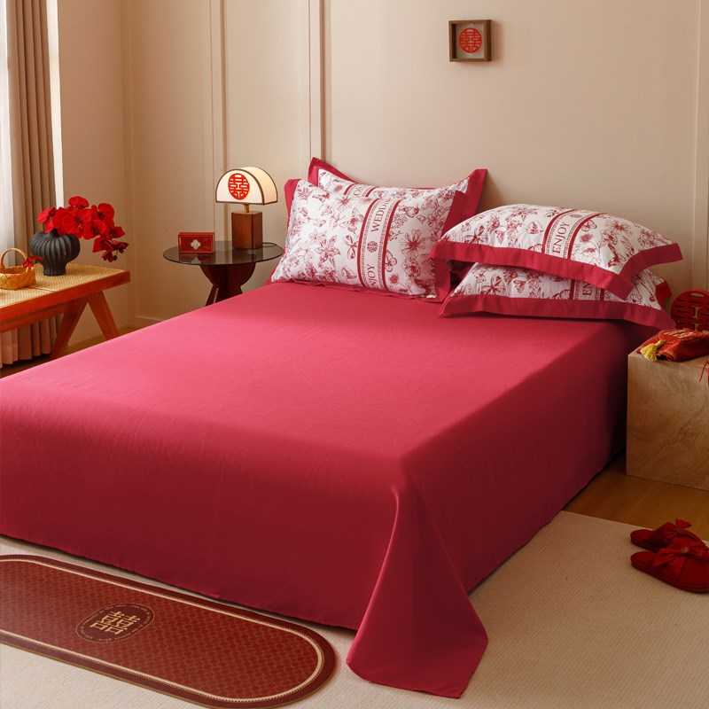 简约100支印花结婚四件套红色床单花卉被套全棉婚庆床上用品礼盒4