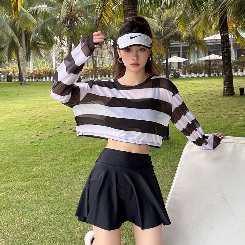 大码泳衣海边度假三件套胖mm200斤分体保守泡温泉显瘦遮肉游泳装