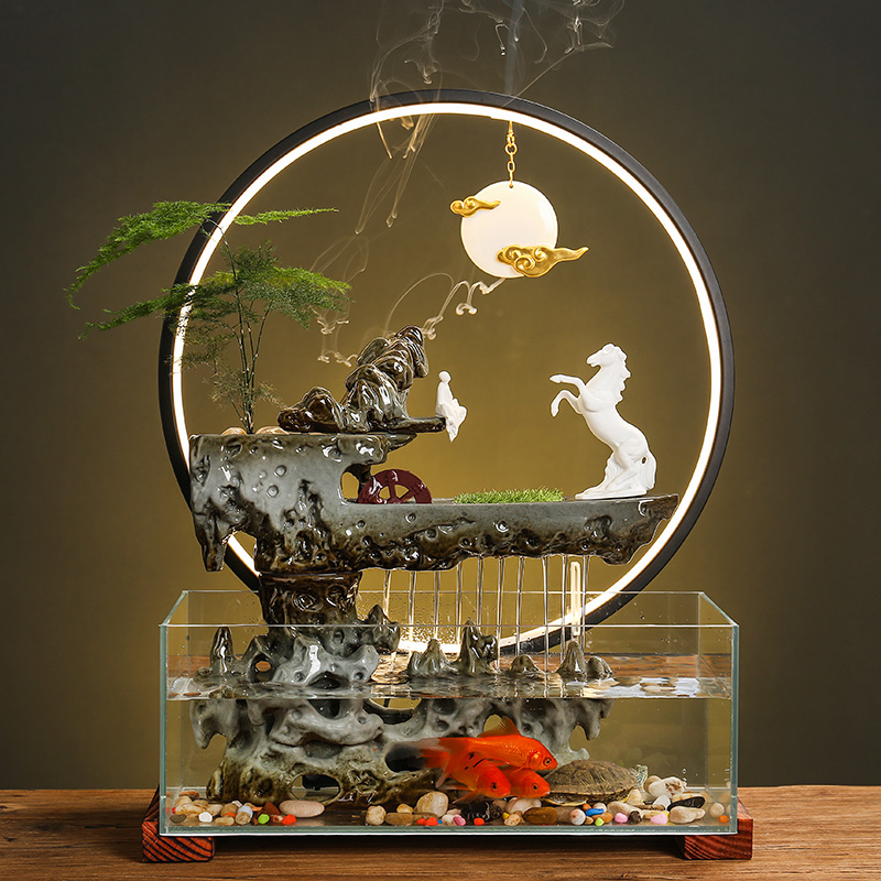 流水喷泉招财摆件办公室桌面中式景观水循环转运生财鱼缸开业礼物