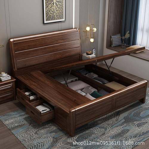 实木床桃木1箱体储113物米胡2单不人床135cm宽的占地方小户型家用