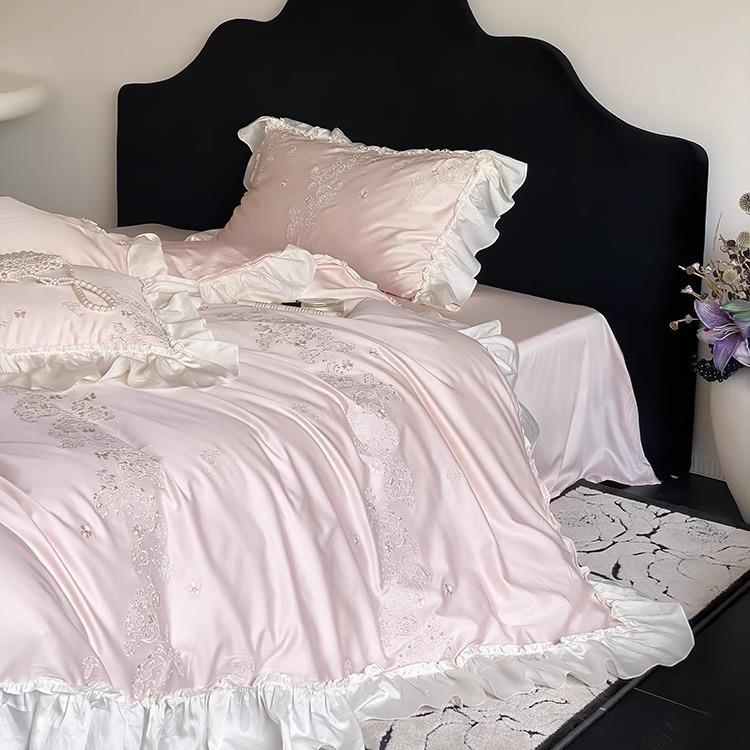 法式夏季100S刺天丝棉件套女心绣荷少叶四边被套凉感丝滑床上YLS-