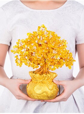 名旺水晶树 黄水晶招财树酒柜家居办办桌面装饰品大布袋工艺摆件