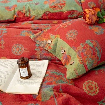 全棉双层纱布四件套棉纱纯棉高级感喜庆结婚红色被套无荧光剂裸睡