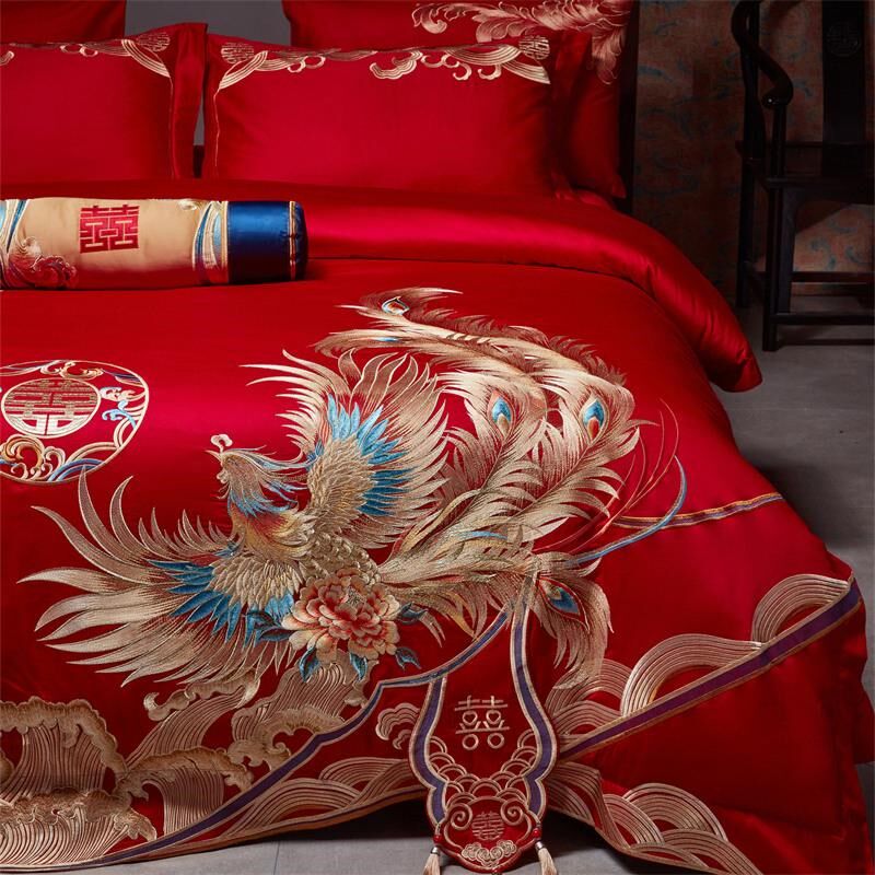 高档中式龙凤刺绣全棉100S纯棉四件套结婚红色喜嫁被套新婚庆床品