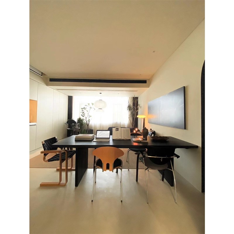 极简风全实木电脑书桌现代长方形长条办公展示台黑色大板桌工作台
