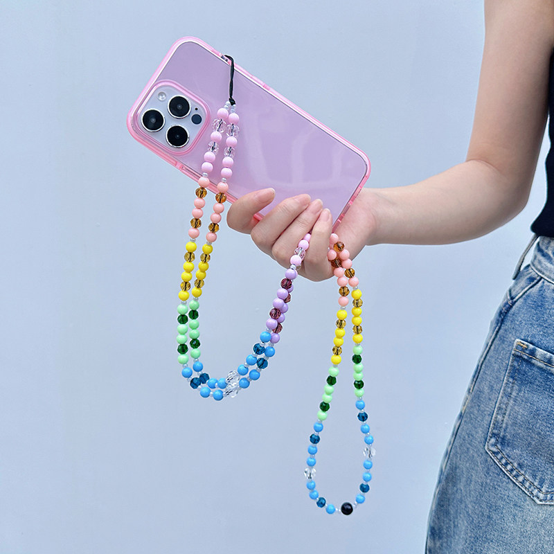 清新甜美长款串珠手机链ins风彩色水晶质感N背带挂绳斜挎式可挂脖