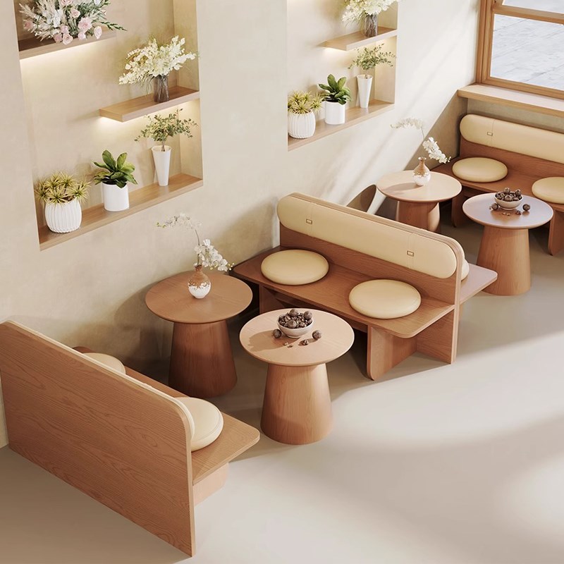 原木风甜品奶茶店咖啡厅网红x靠墙卡座沙发商用西餐厅长条凳椅组