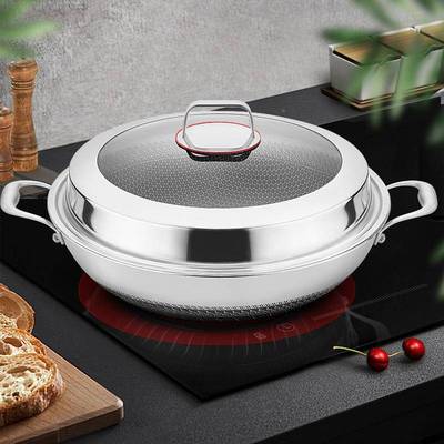 严大选WIG316锈双耳不钢炒锅40cm不沾平底炒菜少油烟无涂层锅双面