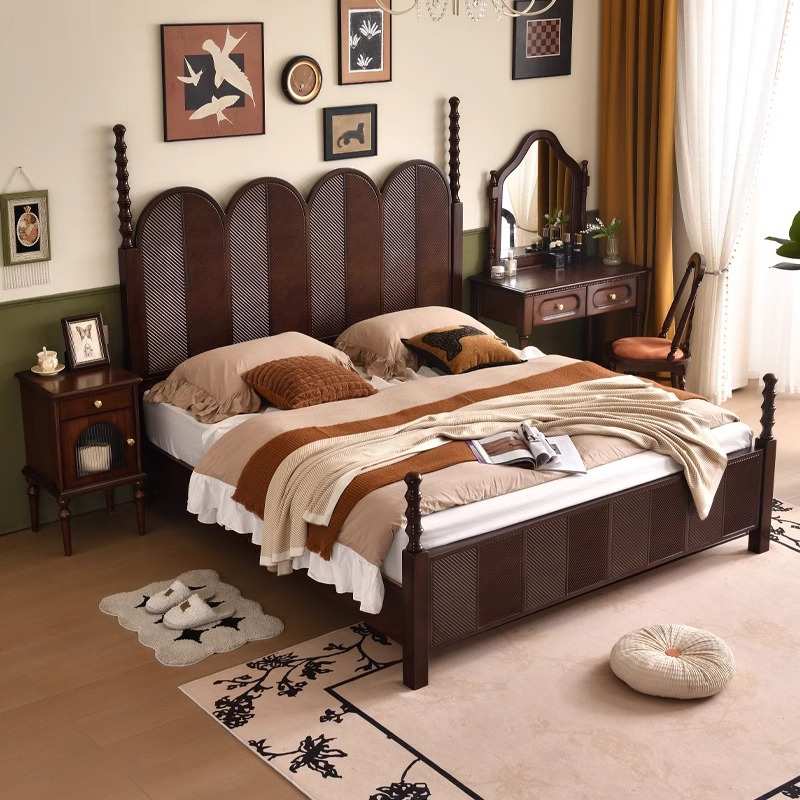 法式复古中古风床主卧1米8床双人床美式轻奢实木床雕花罗马柱婚床