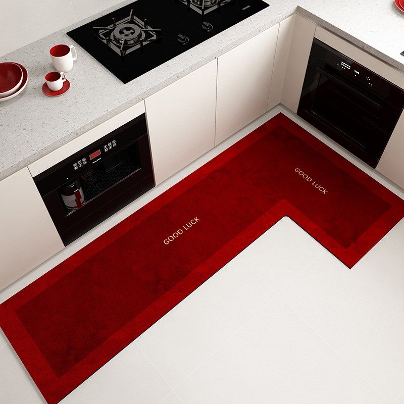 L形厨房地垫防滑防油地毯高端简约红色7字型硅藻泥吸水专用脚垫子,居家布艺,厨房地垫,淘宝优惠券,粉丝福利购,淘宝优惠卷