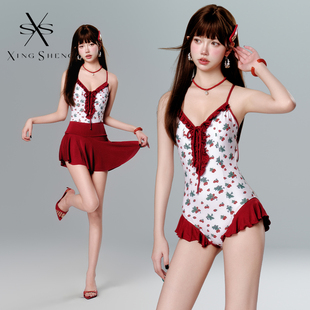 少女沙滩度假草G莓印花连体遮肉比基尼泳衣套 法式 2024年新款 爆款